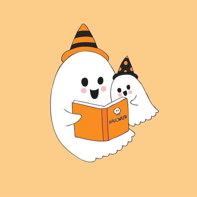 Premium Vector | Cartoon cute halloween ghosts reading book vector.