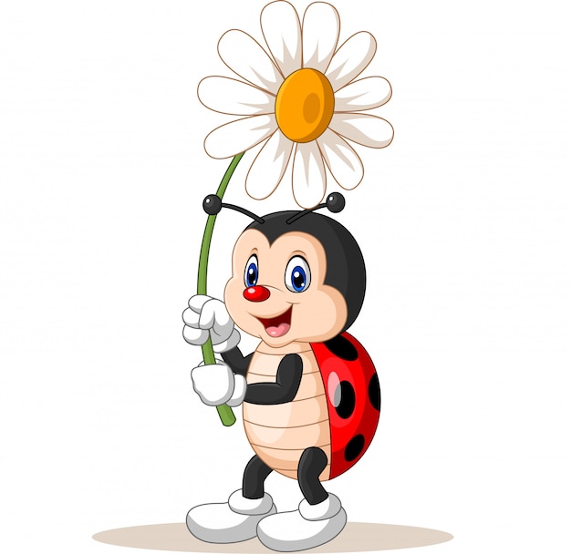 花を持って漫画かわいいてんとう虫 プレミアムベクター
