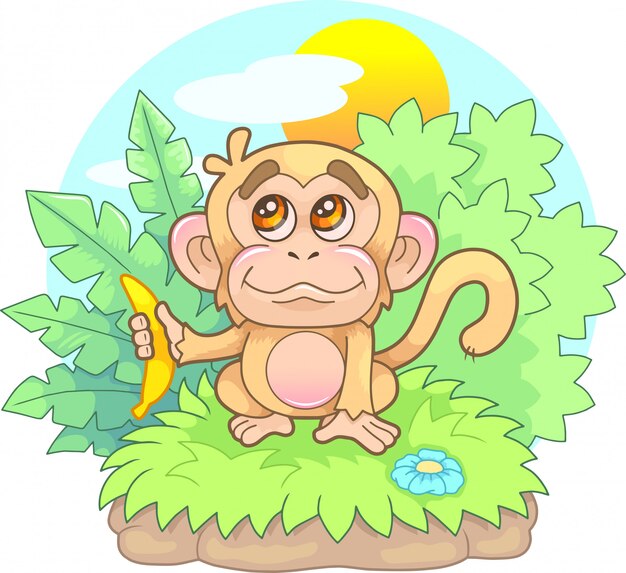 漫画 かわいい 彼の手 面白いイラストにバナナを持つ小猿 プレミアムベクター