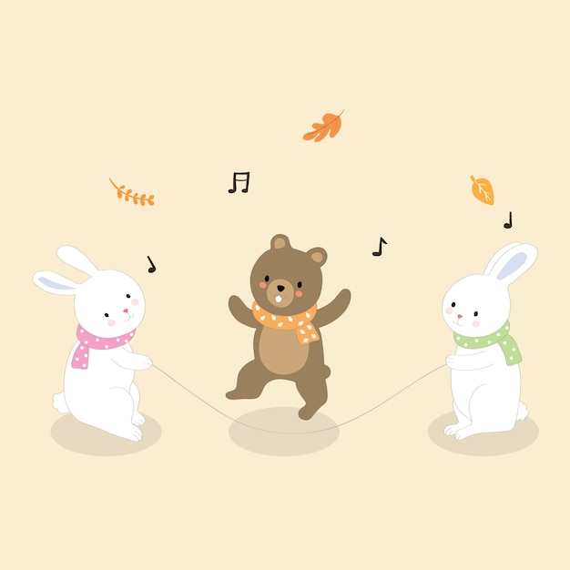 かわいい小さなウサギと小さなクマの縄跳びの漫画 プレミアムベクター