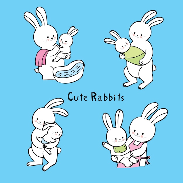 Download Cartoon cute mom and baby white rabbit vector. | Premium ...