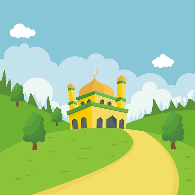 自然の風景イラストと漫画かわいいモスク プレミアムベクター