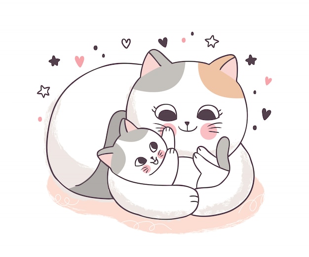 Cartoon cute mother and baby cats hugging Premium Vector