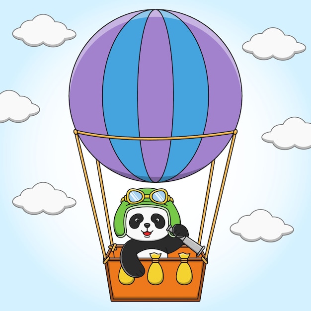 気球イラストデザインで飛んで漫画かわいいパンダ プレミアムベクター