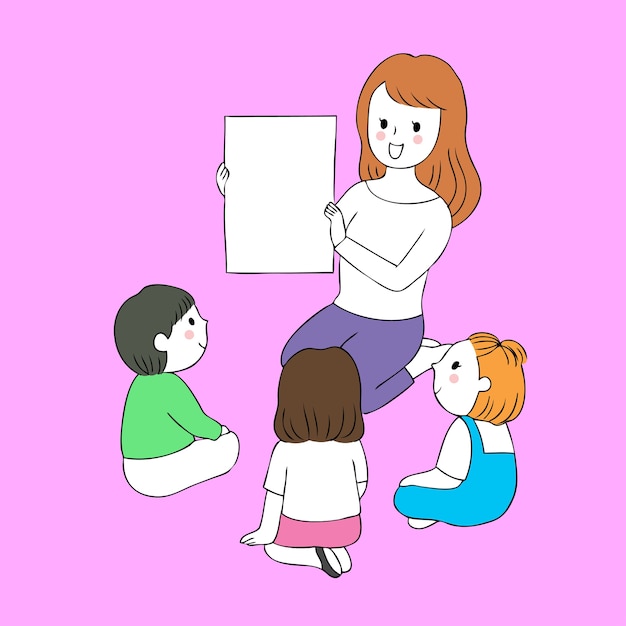 Premium Vector | Cartoon cute preschool teacher and students talking vector.