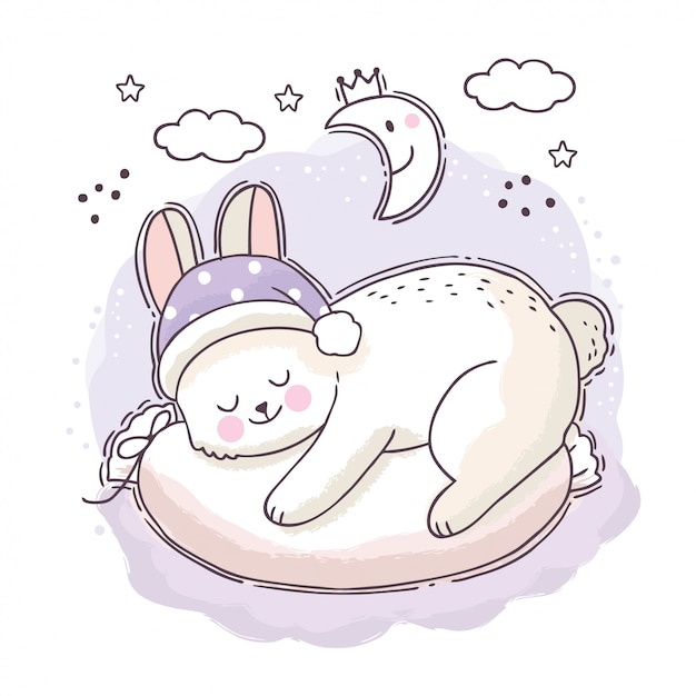 Premium Vector | Cartoon cute sweet dream, white rabbit sleeping at night