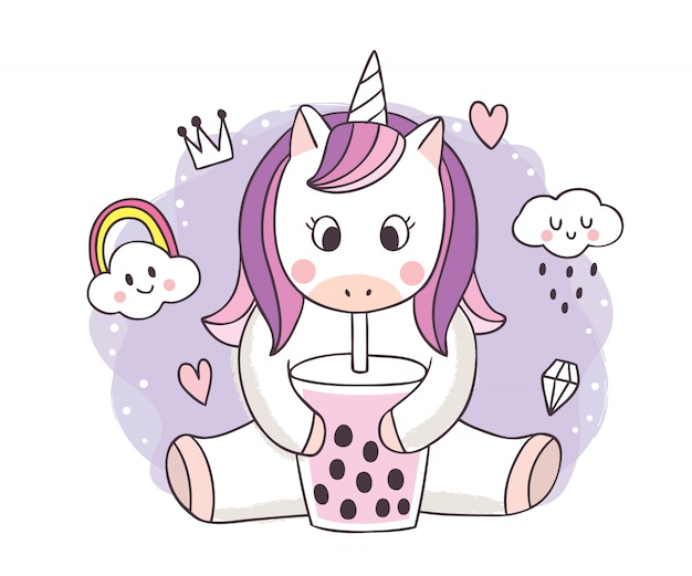 Premium Vector | Cartoon cute sweet unicorn drink bubble tea