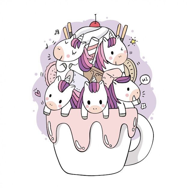 Premium Vector Cartoon Cute Sweet Unicorns And Coffee Cup