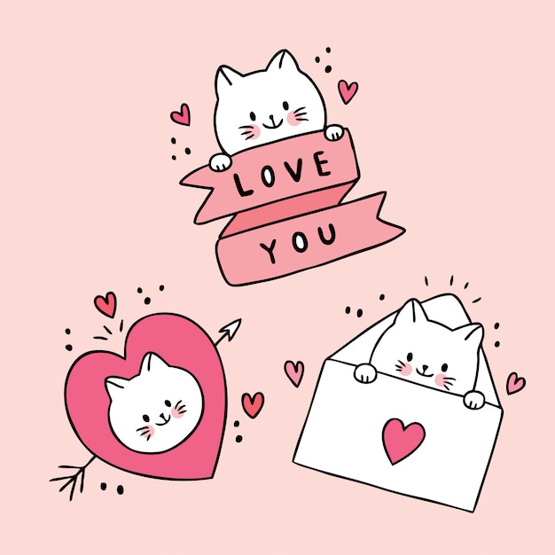 Cartoon Cute Valentines Day White Cats And Doodle Love Vector