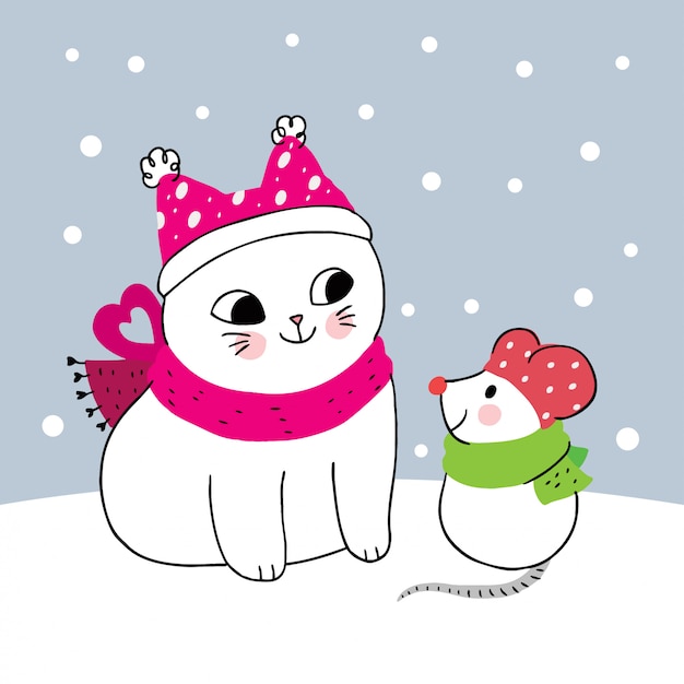 Premium Vector Cartoon Cute Winter Cat And Mouse