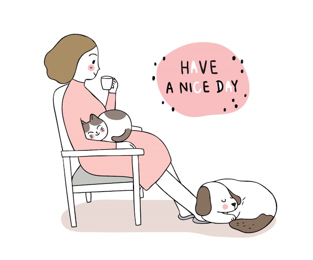 Cartoon cute woman drink coffee and cat and dog sleepy relaxation