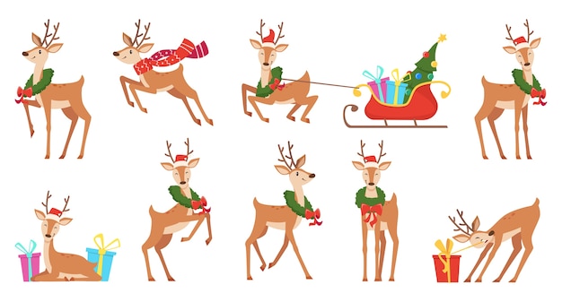 漫画の鹿 冬のお祝いおとぎ話の動物トナカイ実行ベクトルクリスマスキャラクター トナカイのハッピーラン そりと花輪のイラストとキャラクターの枝角 プレミアムベクター