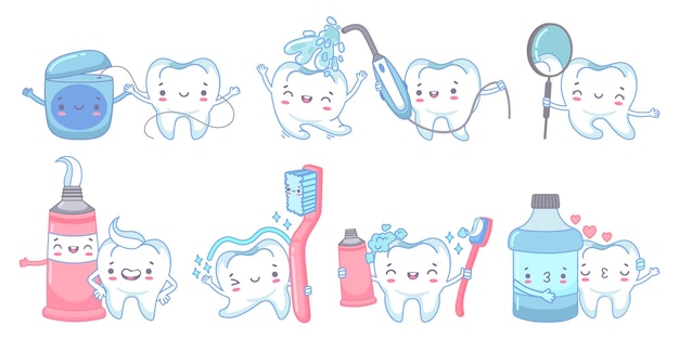 Cartoon dental care. teeth cleaning with toothpaste and toothbrush. dental water jet, floss and mout