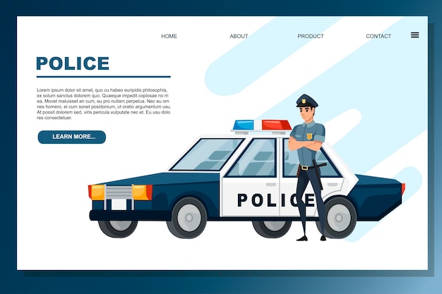 白い背景の上の漫画デザインのパトカーと警察官フラットベクトルイラスト プレミアムベクター