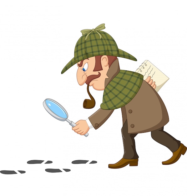 Premium Vector | Cartoon of a detective investigate following footprints