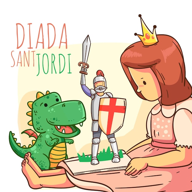 Free Vector Cartoon Diada De Sant Jordi Illustration With Knight Dragon And Princess