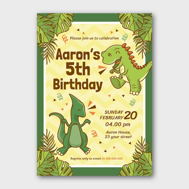 Free Vector | Cartoon dinosaur birthday invitation template