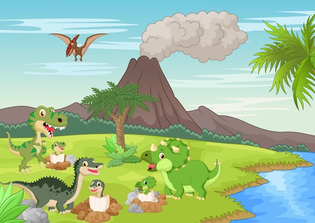 Cartoon dinosaur nesting ground Premium Vector