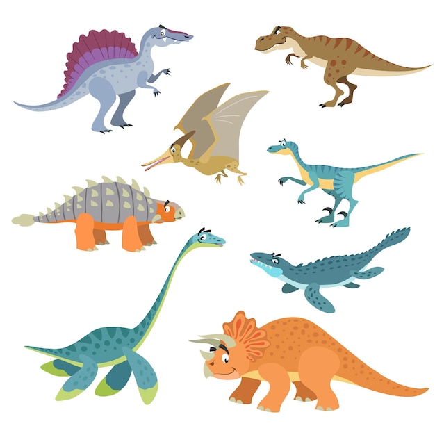 漫画の恐竜セット フラット面白いスタイルのかわいい恐竜コレクション 捕食者と草食動物の先史時代の野生動物 白い背景で隔離のベクトルイラスト プレミアムベクター