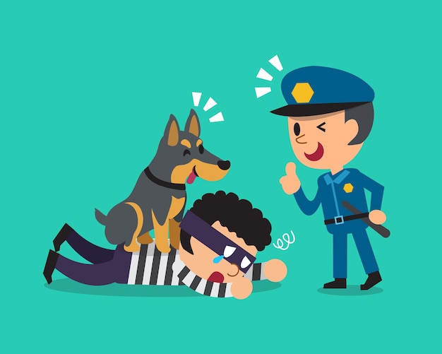 Premium Vector | Cartoon doberman dog helping policeman to catch thief