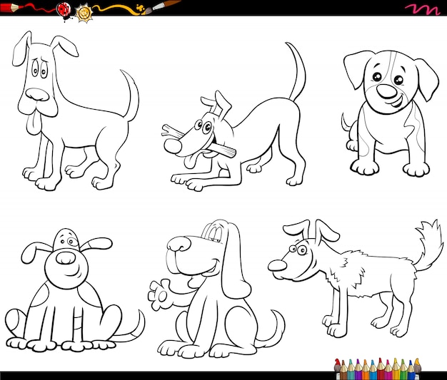 犬の漫画のキャラクターセットカラーブックページ プレミアムベクター