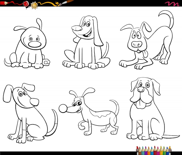 犬の漫画のキャラクターセットのぬりえ帳ページ プレミアムベクター