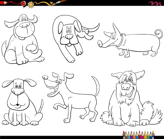 犬の漫画のキャラクターが本ページを着色を設定 プレミアムベクター