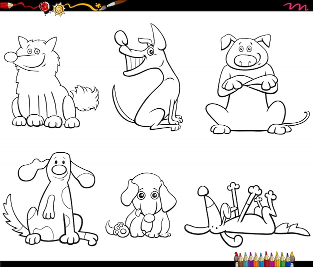 Premium Vector | Cartoon dogs characters set color book page