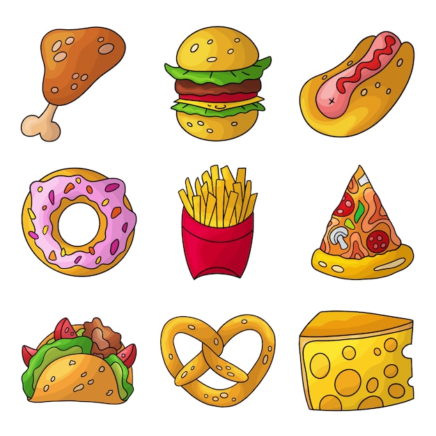 Cartoon doodle fast food set. | Premium Vector