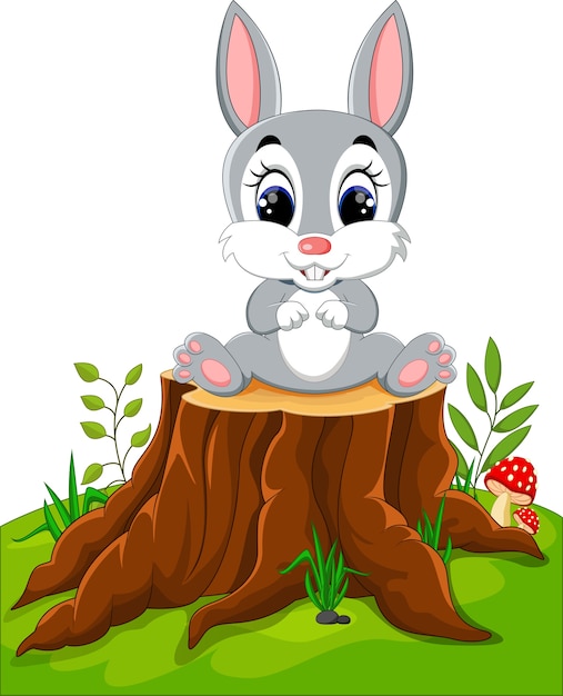 Download Cartoon easter bunny on tree stump | Premium Vector