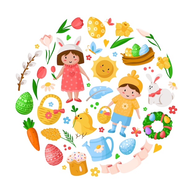 Premium Vector | Cartoon easter day, kids boy girl in costumes, easter ...