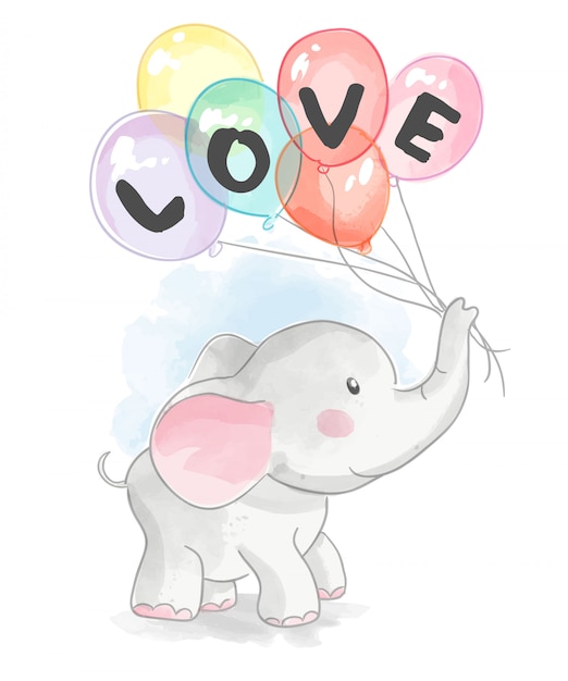 Premium Vector | Cartoon elephant holding love balloons