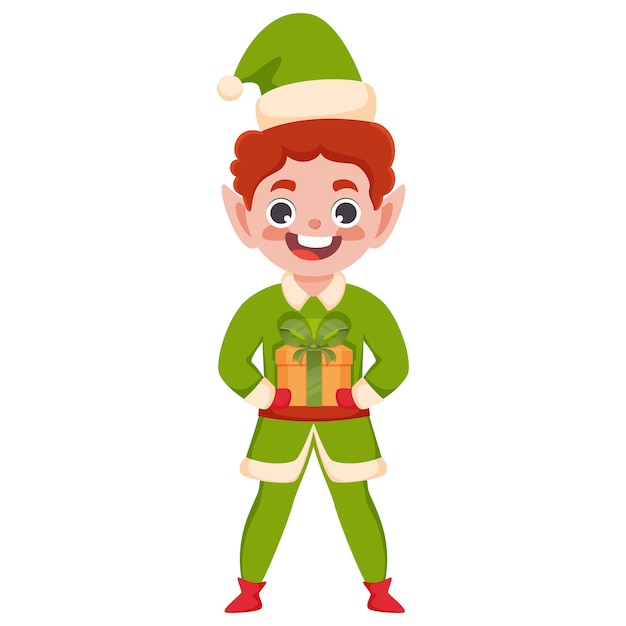 Premium Vector | Cartoon elf character holding a gift box in standing pose