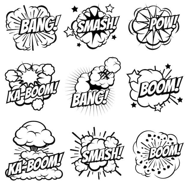 プレミアムベクター 漫画爆発アイコン 漫画本の爆発の泡 ポップアートのビッグバンとブームの煙雲セット