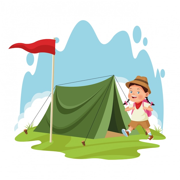 Download Cartoon explorer girl and camping tent with red flag ...