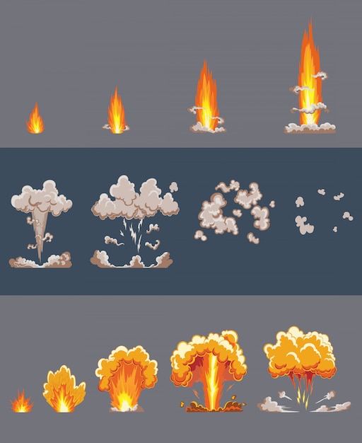 煙と漫画の爆発効果 コミックブーム効果 フラッシュ 爆弾コミック イラストを爆発させます 爆発効果アニメーション 漫画ビッグバン爆発フレーム ゲームの アニメーションフレーム プレミアムベクター