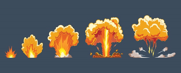 煙と漫画の爆発効果 コミックブーム効果 フラッシュ 爆弾コミック イラストを爆発させます フレームスプライト ゲームのアニメーションフレーム プレミアムベクター