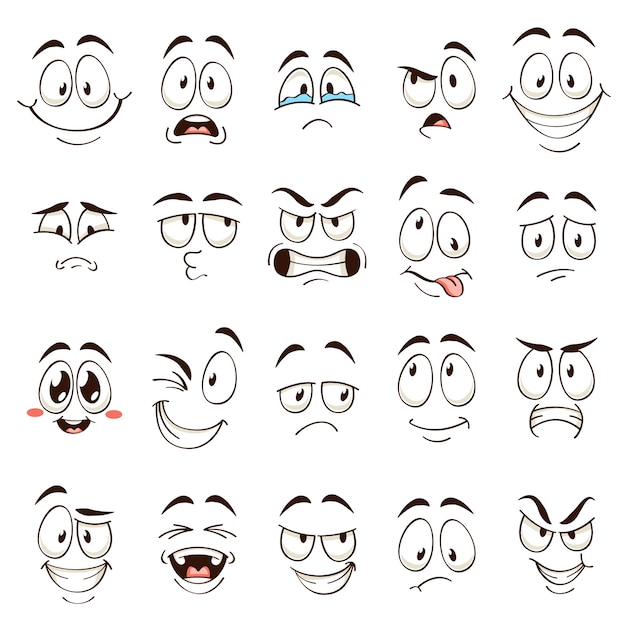 漫画の顔 さまざまな表情の似顔絵コミックの感情 表情豊かな目と口 怒っている面白いキャラクター 混乱した絵文字セット プレミアムベクター