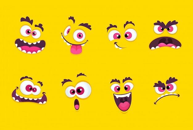 Cartoon faces. emotions smirk expressions, smile mouth with teeth and scared eyes characters collect