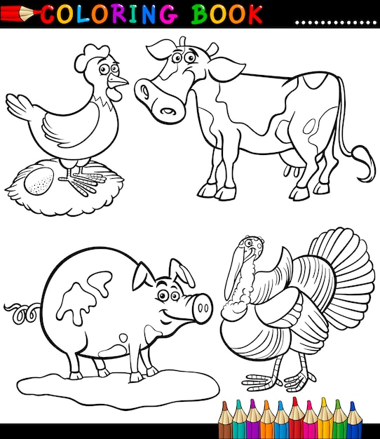 Download Cartoon farm animals for coloring book Vector | Premium ...