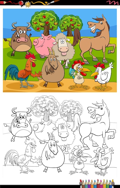 Download Premium Vector Cartoon Farm Animals Group Coloring Book Page