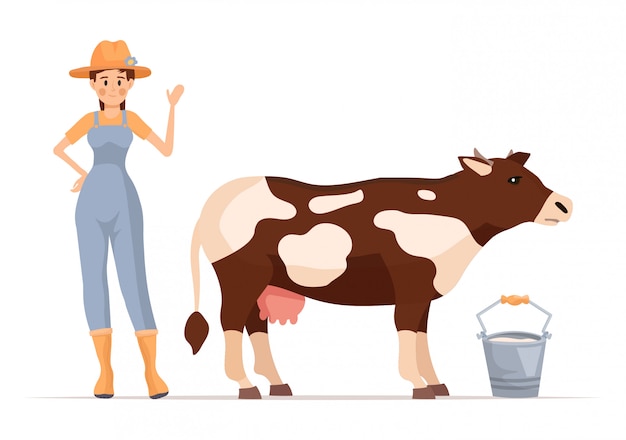 Premium Vector | Cartoon farmer girl character with cow.