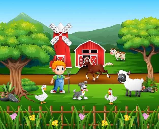 Cartoon of a farmer at his farm with a bunch of farm animals | Premium ...