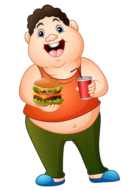 Premium Vector Cartoon Fat Man Holding A Hamburger With Drinking Soda