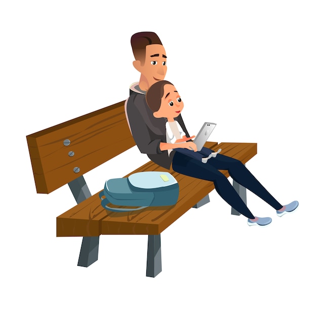 Premium Vector | Cartoon father sitting on wooden bench with son