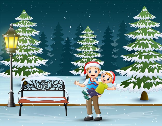 Download Cartoon father with his son having fun at winter park. Vector | Premium Download