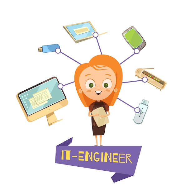 Free Vector | Cartoon female figurine of it engineer and data exchange ...