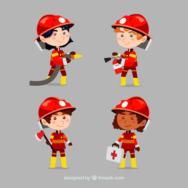 Cartoon fireman characters in action