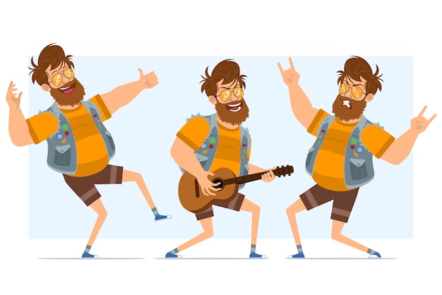 Premium Vector Cartoon Flat Bearded Fat Hipster Man Character In Jeans Jerkin And Sunglasses Ready For Animation Boy Playing Guitar Dancing Showing Rock And Roll Isolated On Blue Background