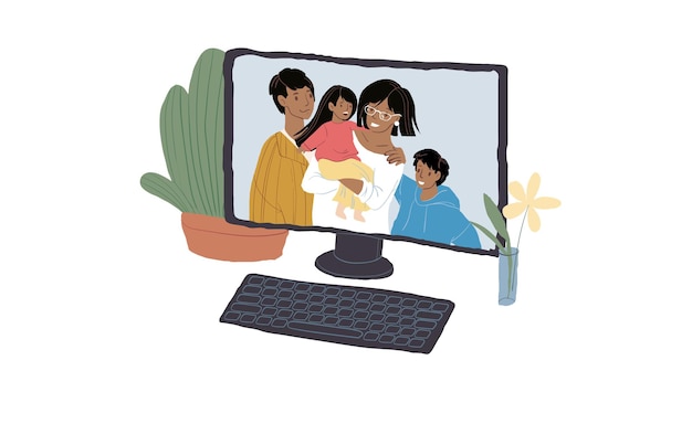 Premium vector cartoon flat black family characters on computer screen using of online app for 